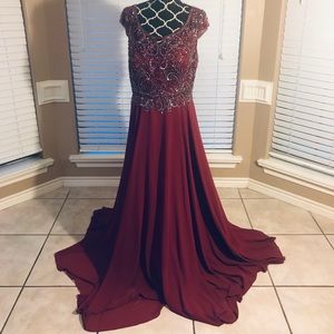 EVA MAROON BURGUNDY BEADED TOP EVENING GOWN